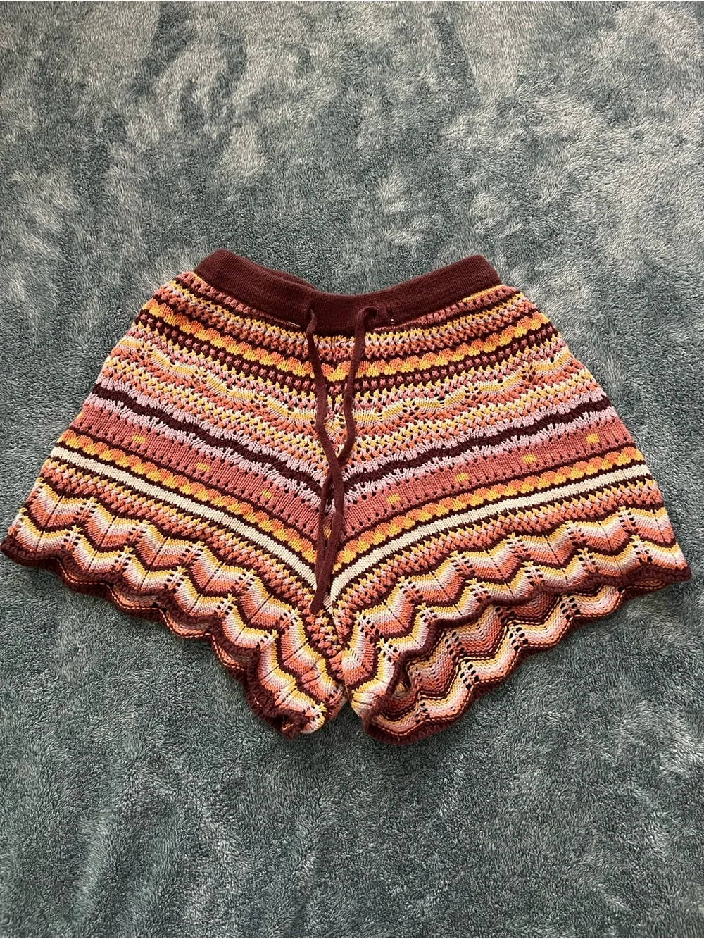 Ghanda Multi-Stripe Crochet Swim Coverup Shorts — Pink & Maroon